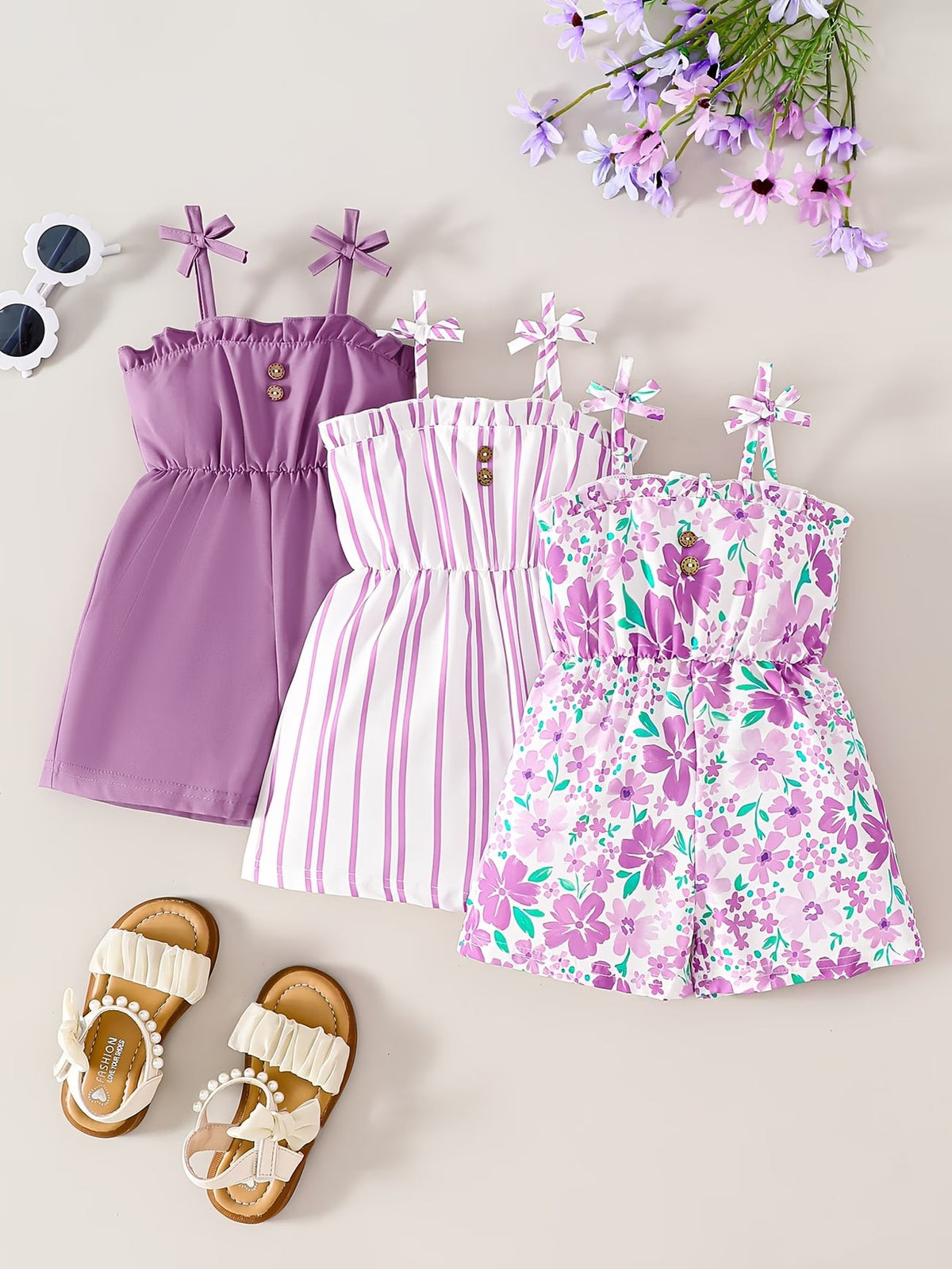 Girls summer romper 3-pack in solid lilac, purple stripe and floral print
