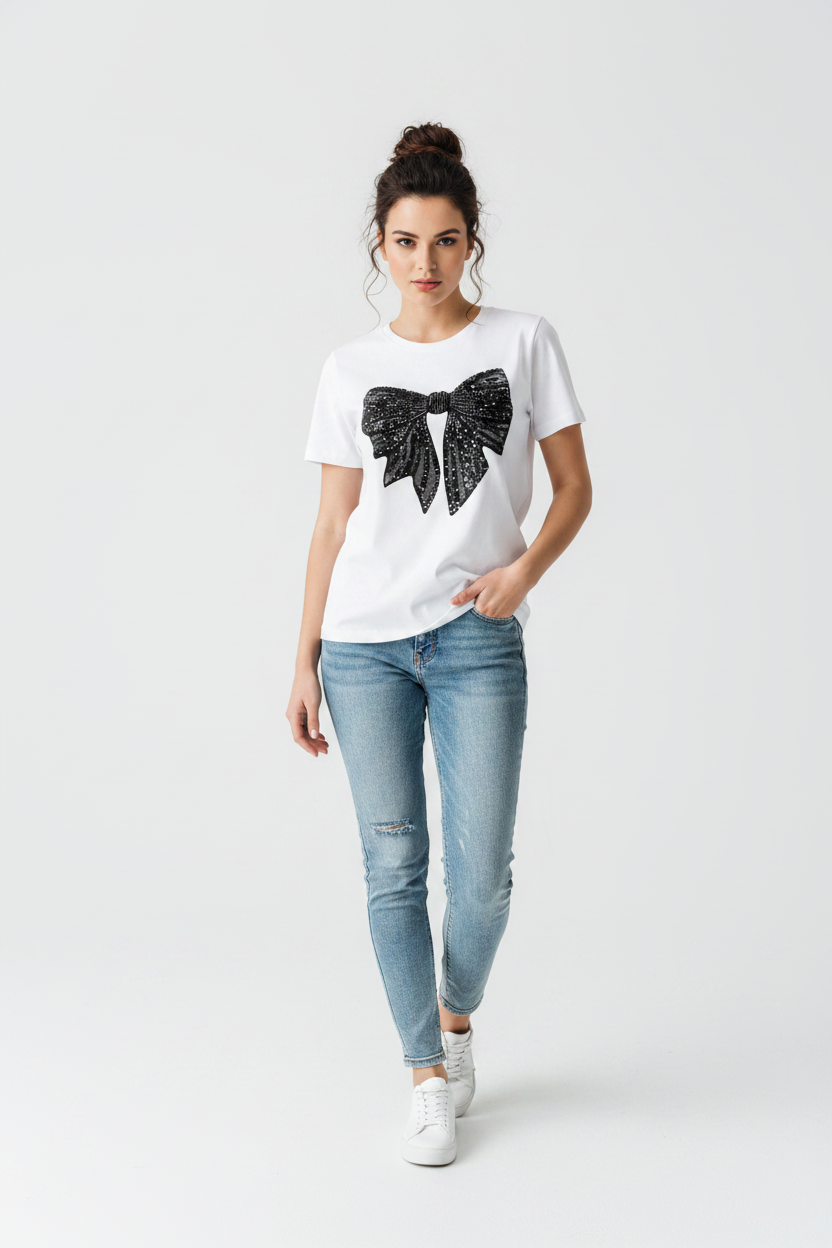 Black Sequin Bow Print T-Shirt