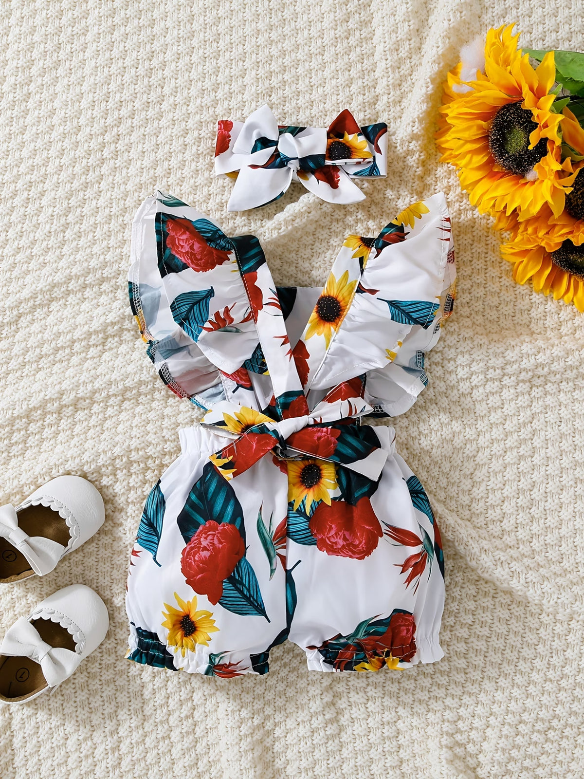 Sunflower Floral Ruffle Romper Set