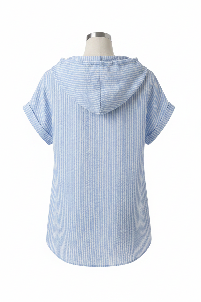 Light Blue Striped Hooded Shirt – Back View Studio Shoot
