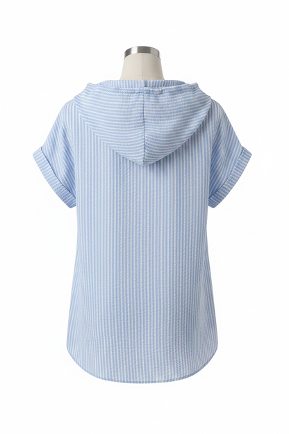 Light Blue Striped Hooded Shirt – Back View Studio Shoot