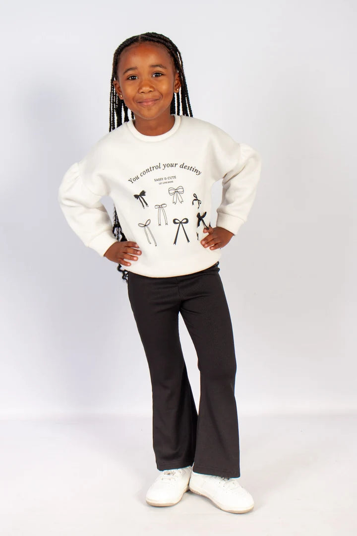 Girls Bow Sweatshirt & Flare Pants Set